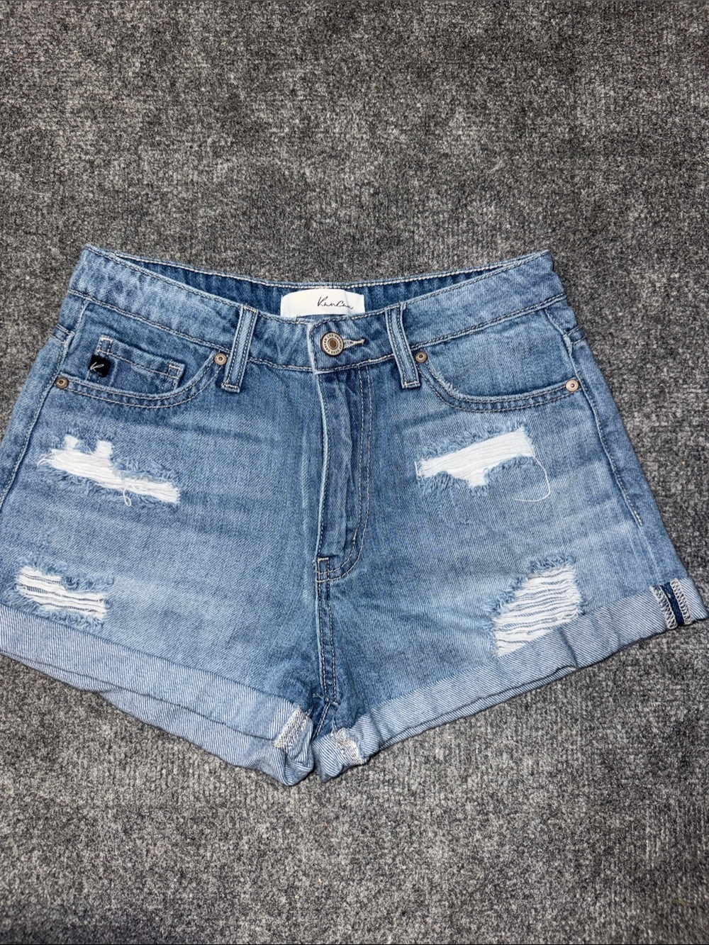KanCan Distressed Rolled-Hem Denim Shorts - Blue